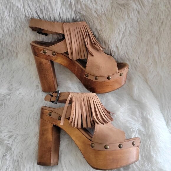 Five Worlds by Cordani Tijuana Tan Fringe Platform Sandals Wooden Heels EU 36.5 - Picture 5 of 10